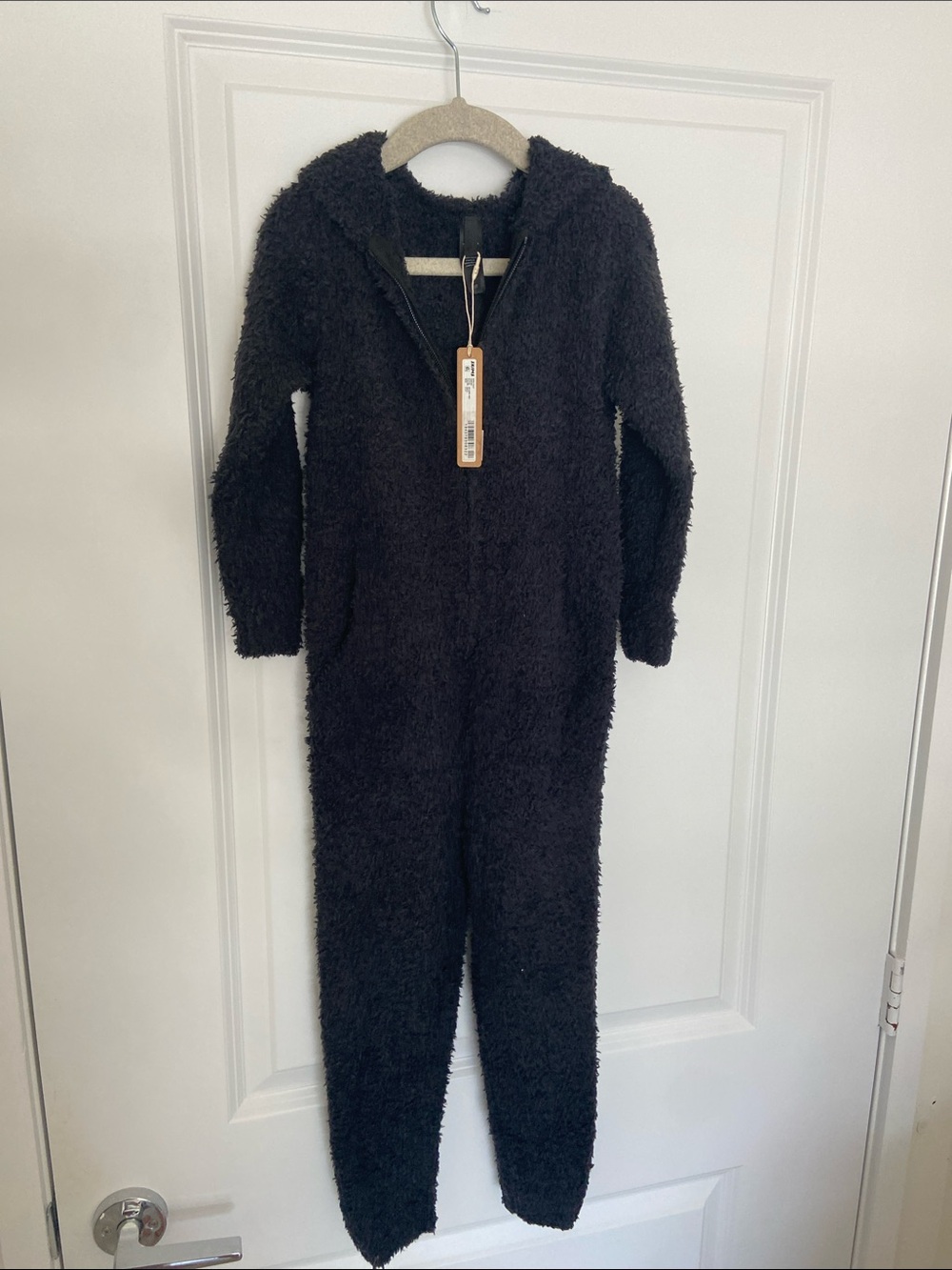 SKIMS Black Fuzzy Kids One-Piece Hooded Bodysuit